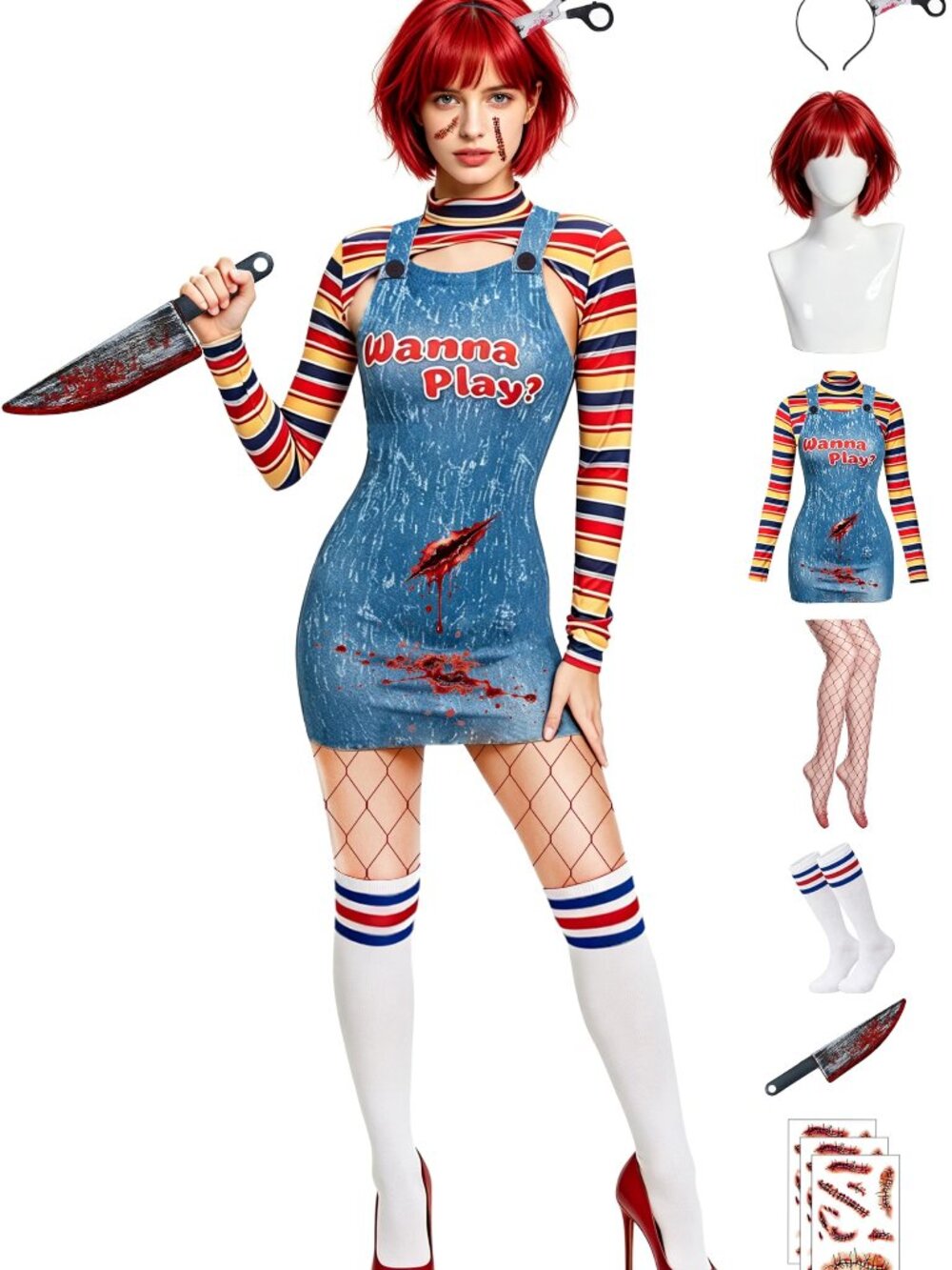 NEW 6 Sizes Halloween Chucky Costume for Women Sexy Bolero Top Overall Bodysuit
